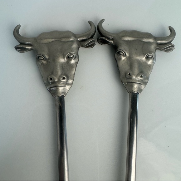 2- Vintage Metal BBQ Skewers Long Horn Steer Handles Shish Kabob Silver Sticks - Picture 3 of 5